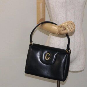 GUCCI Hand Bag Leather Navy Gold Auth e